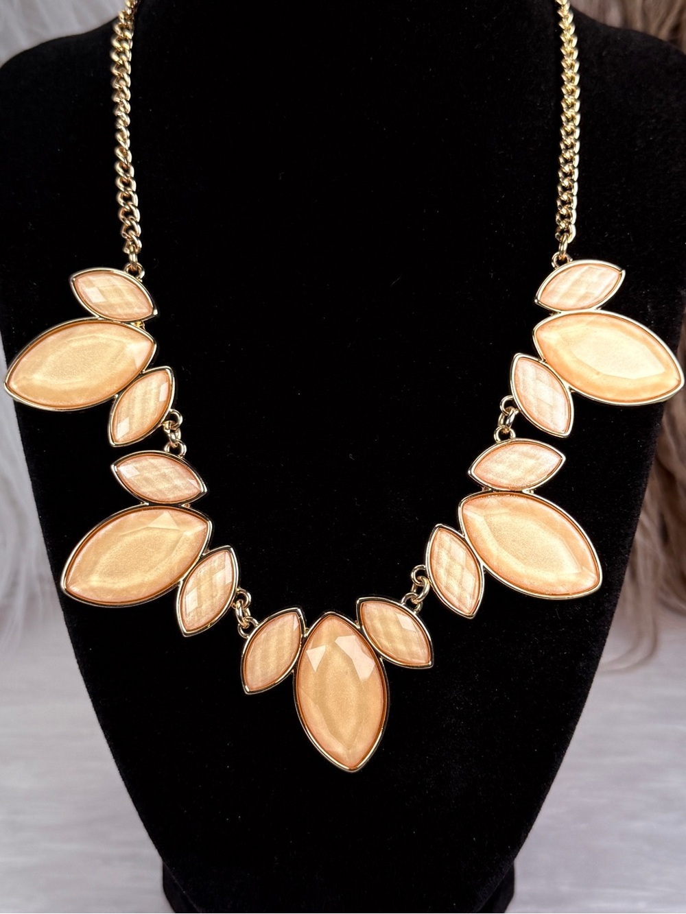 Gold Tone Peach Statement Necklace Faceted Bib Adjustable